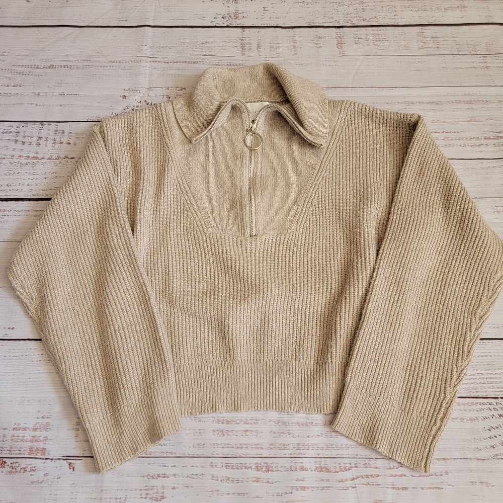 Line and Dot Women's Ribbed Quarter Circle Zip Oversized Beige Sweater Medium